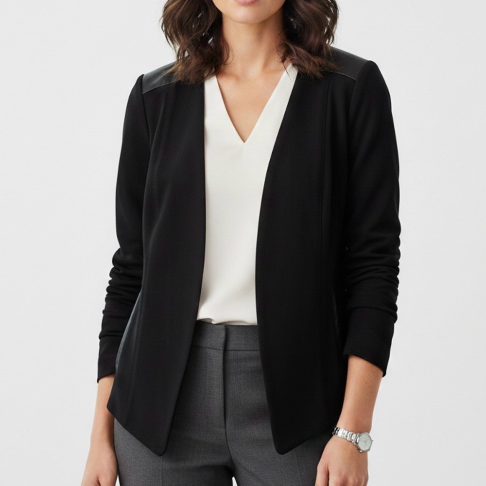 Eileen Fisher $378 Black Ponte Jacket W Leather Trim Size Medium Business Casual